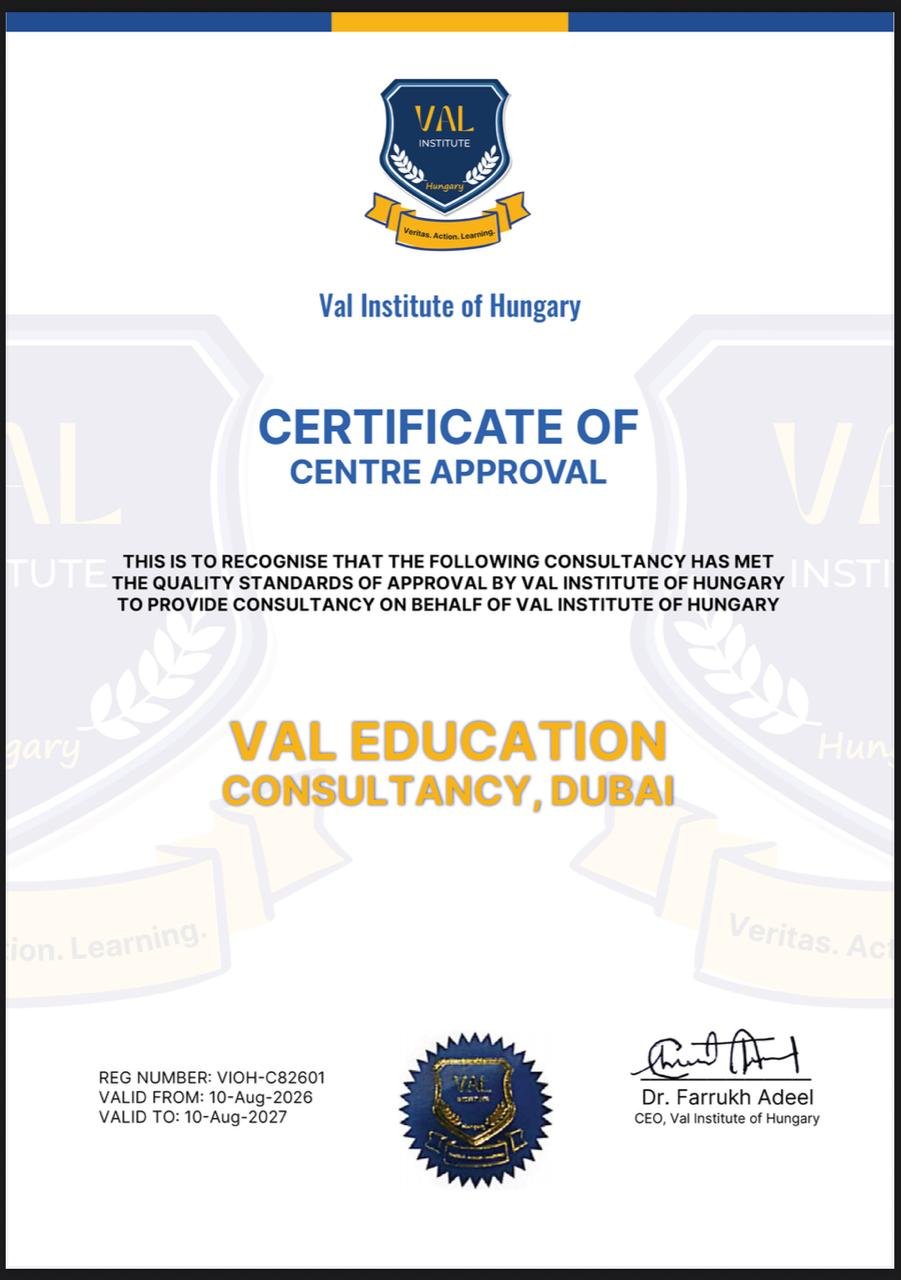 VAL Institute of Hungary — Certificate of Centre Approval issued to Mentors Gateway, Dubai